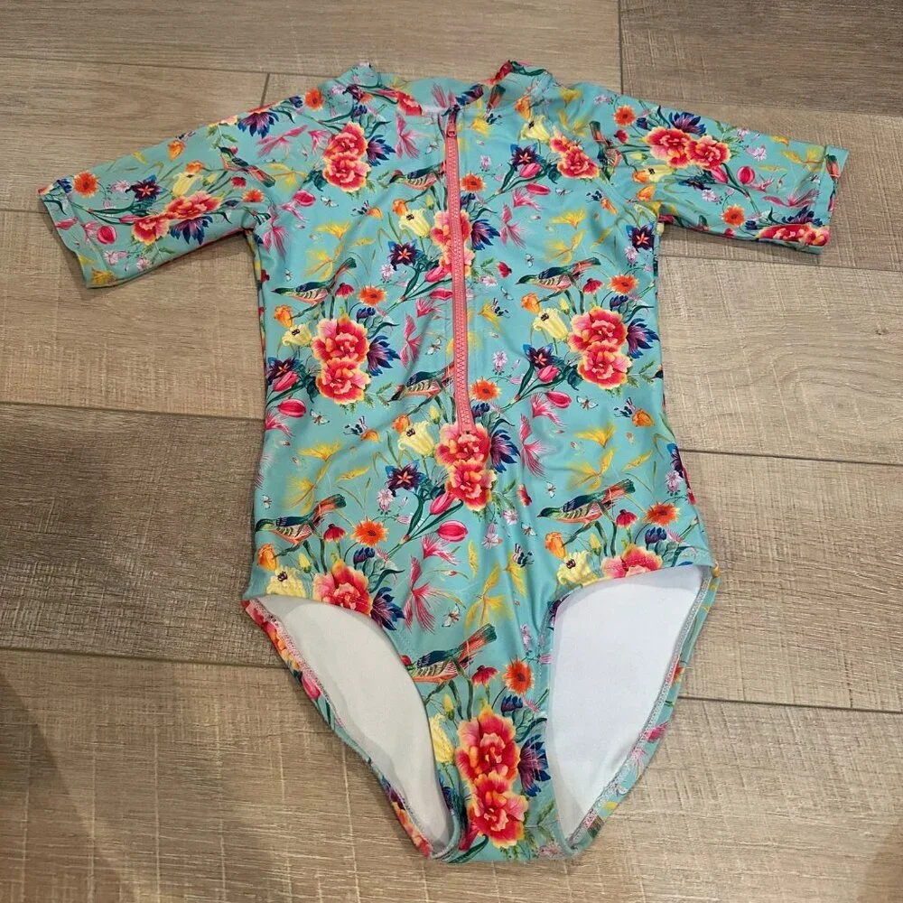 TAME THE SUN GIRLS 1 PIECE SWIM SUIT SIZE 9 BIRD BLUE FLORAL RUFFLES